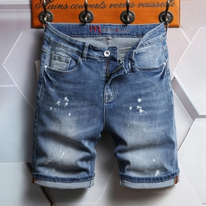 Men's Casual Cotton Denim Shorts Splatter Ink Print Streetwear Indigo Blue Washed Straight Fit Summer Mid Waist Bottoms