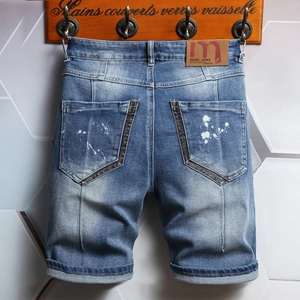 Men's retro wash denim shorts with ink splash effect and brown leather waist tag
