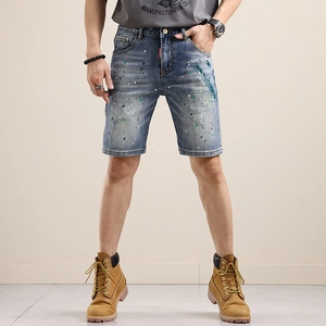 Short en Jean pour Homme Tendance avec Éclaboussures de Peinture Délavage Bleu Clair Coupe Slim Streetwear Décontracté