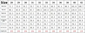 Detailed size chart for men slim fit jeans including waist and hip measurements in cm