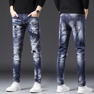 Jeans Homme Hip Hop Déchiré Patchwork Street Fashion Éclaboussures Peinture Pantalon Denim Coupe Ajustée Jambe Droite
