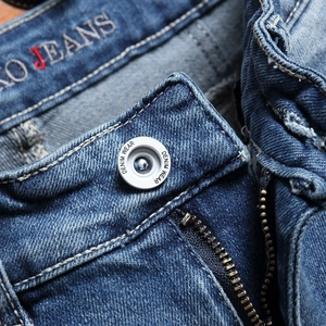 Classic blue denim shorts with signature silver button and high-quality metal zipper