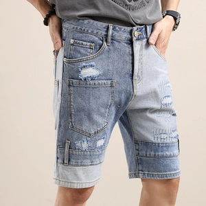 Men's patchwork denim shorts with distressed ripped details and slim fit five-point cut