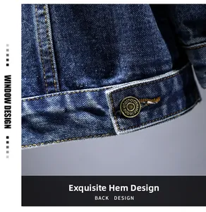 Detailed view of the dark blue denim jacket hem with vintage copper buttons and stitching