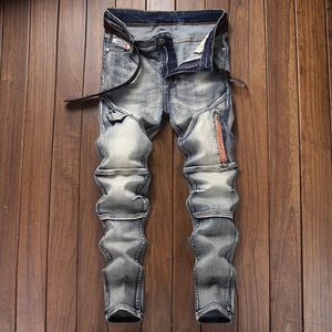 Men Slim Fit Denim Jeans Elastic Cotton Blend Washed Distressed Long Pants With Belt Casual Fashion Streetwear Bottoms