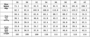 Detailed size chart for white slim fit stretch jeans showing waist and length measurements