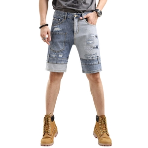 Men's patchwork denim shorts with distressed ripped details and street style design