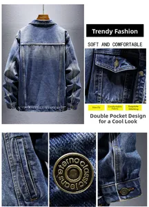 Detailed views of blue denim jacket showing metal buttons and stitched chest pockets