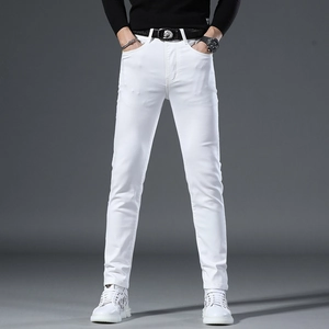 White Slim Fit Jeans For Men Cotton Stretch Denim Printed Small Foot Casual Streetwear Pants Basic Five Pocket Trousers