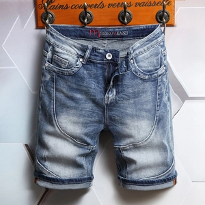 Men's Casual Denim Shorts Washed Distressed Patchwork Slim Fit Multi-Pocket Summer Cotton Indigo Blue Jean Shorts