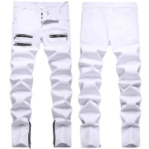 Men's Fashion White Slim Fit Stretch Jeans With Multiple Zipper Decoration Streetwear Biker Style Denim Pants Button Fly
