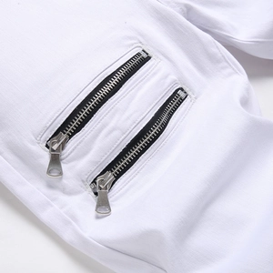 Men's slim fit white stretch jeans with stylish decorative double metal zippers