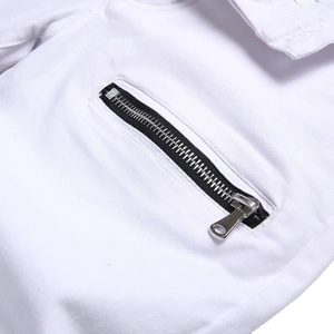 Slim fit white stretch denim jeans with stylish silver metal zipper pocket details