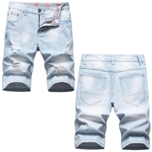 Men's Summer Ripped Denim Shorts Light Blue Washed Distressed Mid Length Loose Fit Fashion Streetwear Hip Hop Jeans Shorts