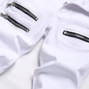 Slim fit white stretch jeans for men with stylish metal zipper pocket decorations