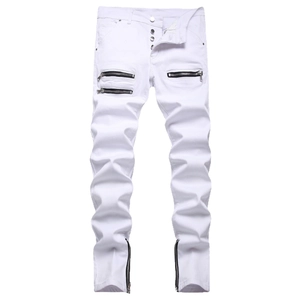 Slim fit white stretch jeans for men featuring decorative zippers and tapered leg style