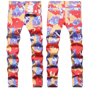 Herren Abstract Tie Dye Slim Fit Jeans Bunter Druck Denim Hose Streetwear Mode Mittlere Taille Lässige Hose