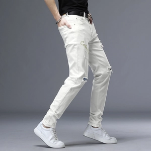 Détails de jeans blancs slim avec déchirures et broderies personnalisées pour hommes