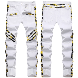 Jeans en Denim Blanc Coupe Ajustée pour Hommes Patchwork Camouflage Plissé Style Biker Mode Streetwear Pantalons en Coton