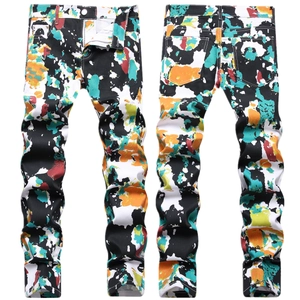 Men Streetwear Graffiti Print Jeans Slim Fit Cotton Splatter Paint Denim Pants Casual Hip Hop Multicolor Trousers Fashion