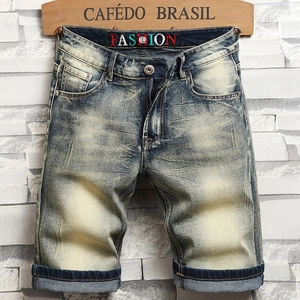 Men's Vintage Washed Denim Shorts Slim Fit Distressed Mid Waist Cotton Blend Casual Retro Style Five Point Shorts