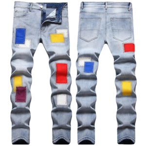Men Slim Fit Patchwork Jeans Cotton Blend Denim Streetwear Fashion Colorful Patches Contrast Stitching Washed Blue Trousers
