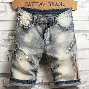 Short en Denim Lavé Retro Punk pour Hommes en Coton Délavé Coupe Ajustée Streetwear Avec Détail Fermeture Éclair et Revers