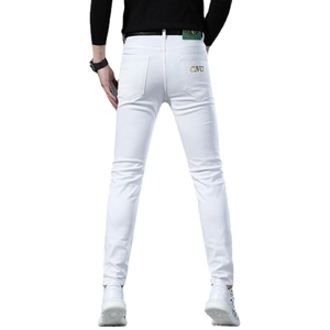 Slim fit white jeans for men with CNC gold letter embroidery on back pocket