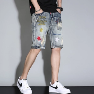 Men's vintage blue denim shorts with street style embroidery and distressed rip details
