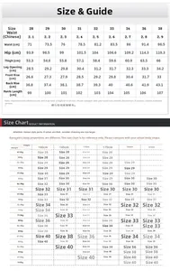 Detailed men's slim fit stretch denim pants size guide chart with body measurements