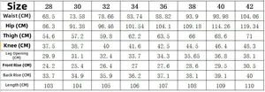 Detailed size chart for men street fashion jeans ranging from size 28 to 42 in centimeters