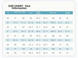 Size chart for men white ripped slim fit jeans with waist and hip measurement details