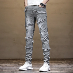 Men Slim Fit Grey Distressed Biker Jeans Washed Cotton Patchwork Frayed Denim Pants Streetwear Casual Bottoms For Men