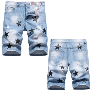 Men Light Blue Denim Shorts Distressed Ripped Star Patches Frayed Hem Streetwear Five Point Shorts For Men Casual Fashion