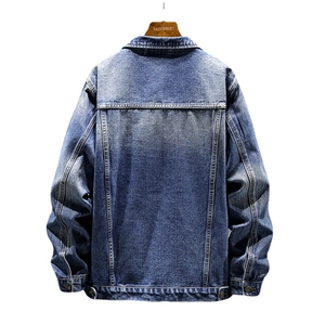 Classic blue washed denim jacket for men featuring a standard collar and back view details