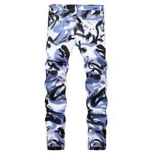 Jean stretch slim pour homme avec imprimé abstrait graffiti bleu et blanc vibrant