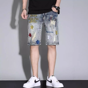 Men Vintage Washed Denim Shorts Star Embroidery Ripped Distressed Straight Fit Cotton Short Pants Streetwear Fashion Summer Male Bottoms