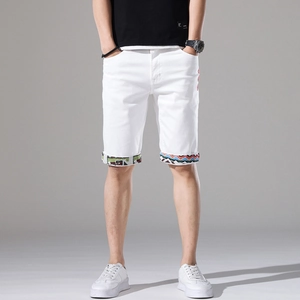 Pantaloncini di Jeans Bianchi da Uomo in Cotone Ricamato con Stampa Etnica Estate Casual Taglio Dritto Lunghezza Ginocchio