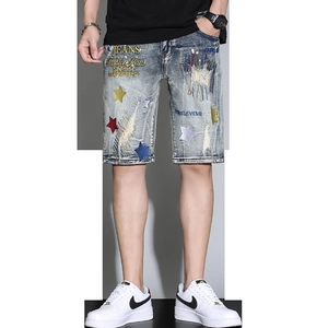 Men's retro light blue washed denim shorts with multi-colored star embroidery