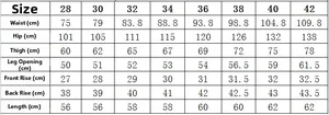 Detailed size chart for men distressed denim shorts with waist and hip measurements in cm