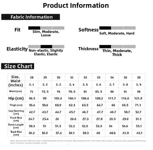 Detailed size chart and fabric guide for vintage style men's denim shorts with measurements