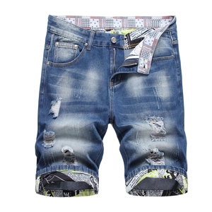 Men's Ripped Denim Shorts Distressed Washed Blue Cotton Shorts Straight Fit Five Point Streetwear Casual Short Jeans
