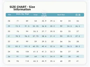 Detailed size chart for men's summer slim shorts showing waist and length measurements