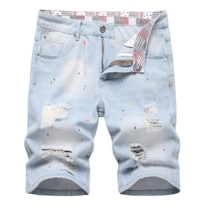 Men's light blue distressed denim shorts with paint splatter and ripped details