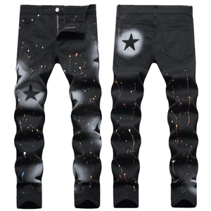 Men's Black Splatter Paint Star Print Slim Fit Jeans Cotton Blend Denim Streetwear Casual Mid Waist Stretch Long Pants