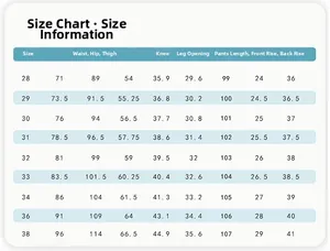 Detailed size chart for slim fit gold print jeans including waist and hip measurements