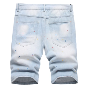 Men's slim fit light blue denim shorts with colorful paint splatter street style design