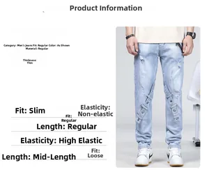 Tableau des tailles et jean homme bleu clair coupe ajustée avec sangles déco