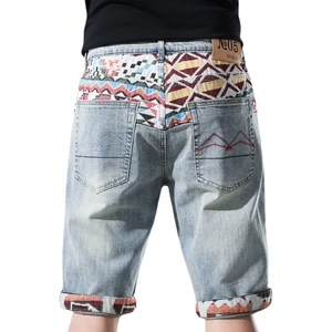 Men's light blue denim shorts with ethnic pattern patchwork and embroidery on the back view