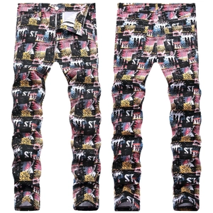 Men's Streetwear Graffiti Print Slim Fit Jeans Multi Colored Hip Hop Denim Pants Stacking Leg Skinny Trousers For Men